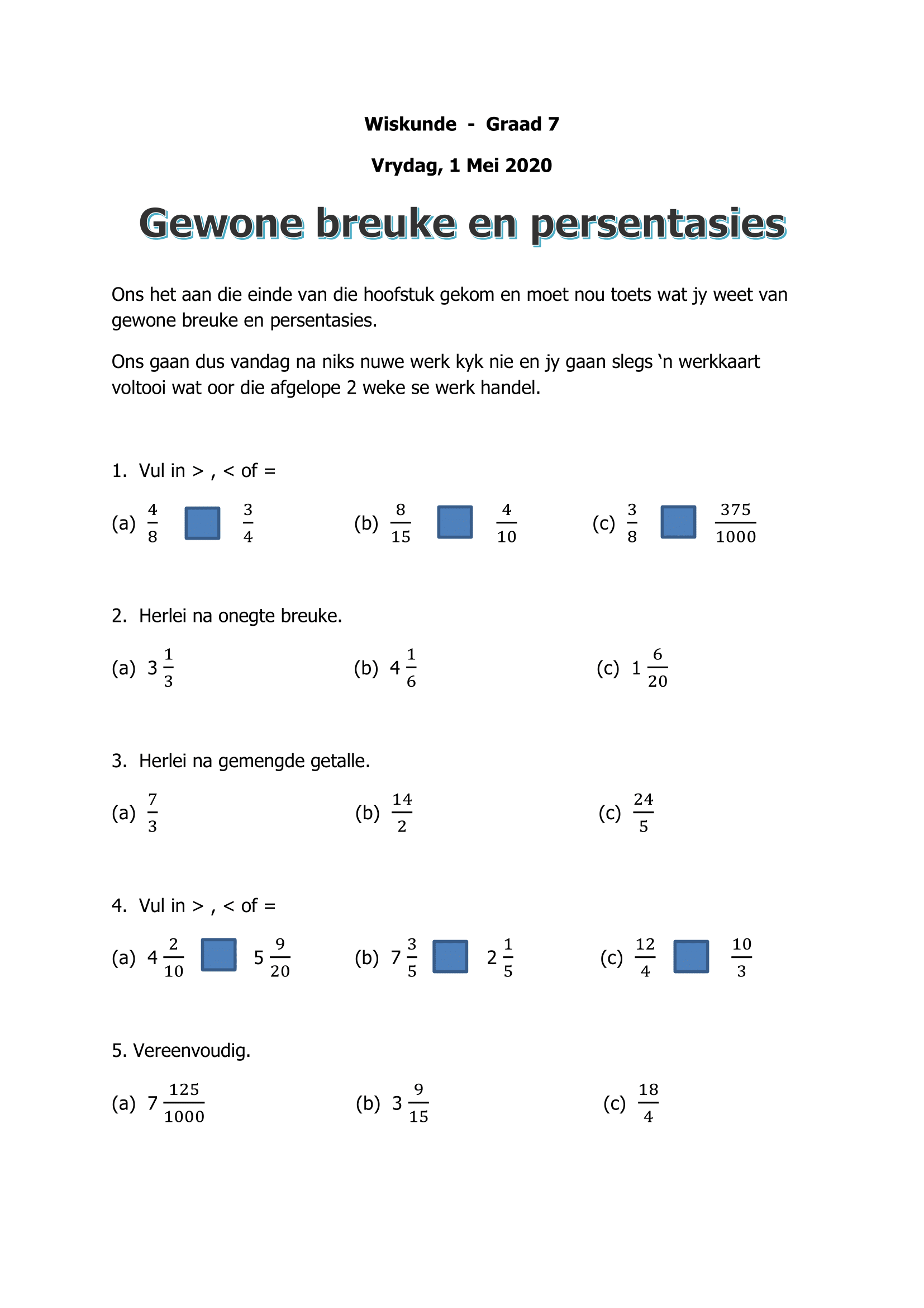 Graad 7 Wiskunde Week 3 1 Mei 2020 Easy School Laerskool Hartenbos